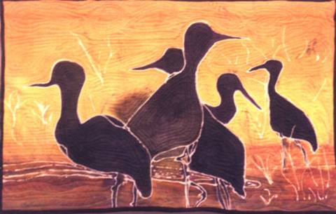 IHHN logo image, Cranes at Sunset, cotton  resist, machine stitched, Patricia C. Coleman